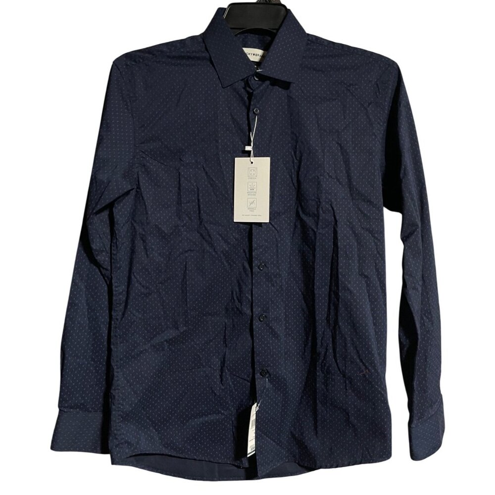 Lucky Brand Mens Slim Fit Stretch Dress Shirt Size M Navy Blue Lightening Print